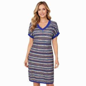 M Missoni Knit Multicolor Golden Thread Stripe Shift‎ Sweater Dress Size Medium